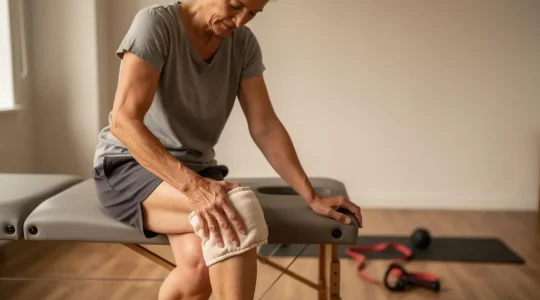 Une personne applique une compresse chaude enveloppée dans un tissu sur son genou, assise en bord de table de rééducation.