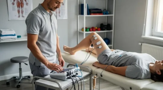 Un kinésithérapeute règle un appareil d'électrothérapie relié à des électrodes posées sur la cuisse d'un patient allongé qui effectue un mouvement de genou.
