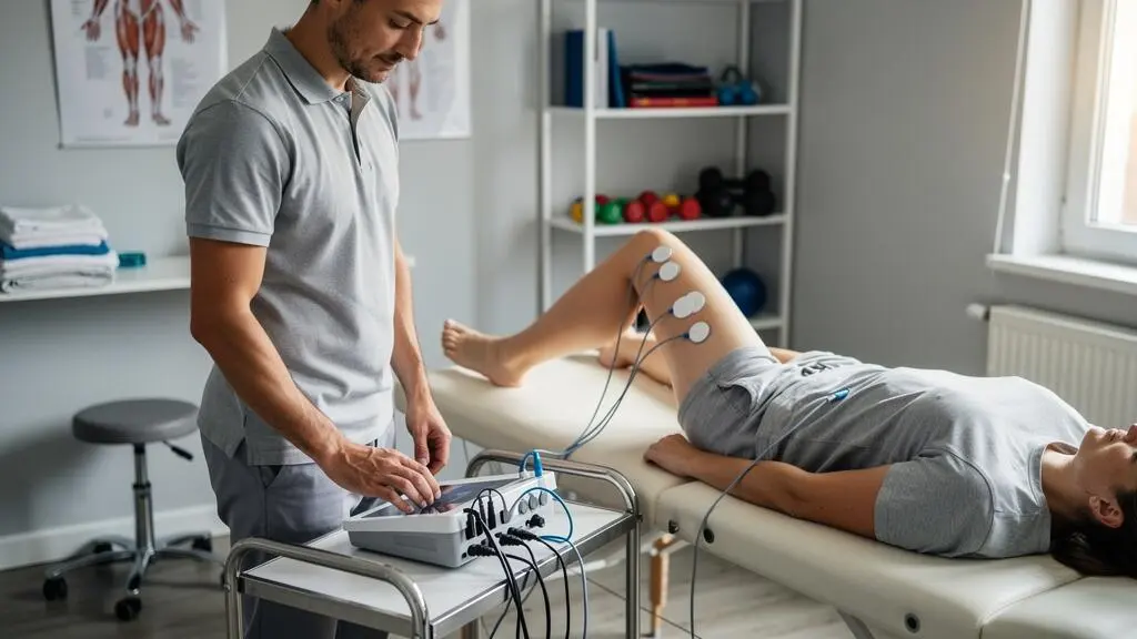 Un kinésithérapeute règle un appareil d'électrothérapie relié à des électrodes posées sur la cuisse d'un patient allongé qui effectue un mouvement de genou.