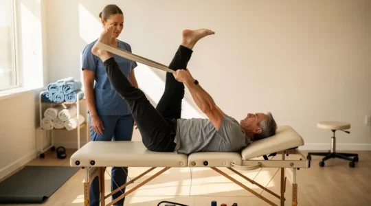 Un adulte réalise un étirement modéré d'une jambe avec une sangle sur une table de rééducation, sous le regard attentif d'un professionnel.
