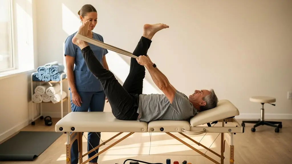Un adulte réalise un étirement modéré d'une jambe avec une sangle sur une table de rééducation, sous le regard attentif d'un professionnel.