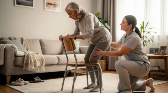 Une femme âgée effectue un exercice doux de flexion du genou en s'appuyant sur une chaise, guidée par une kinésithérapeute dans son salon.