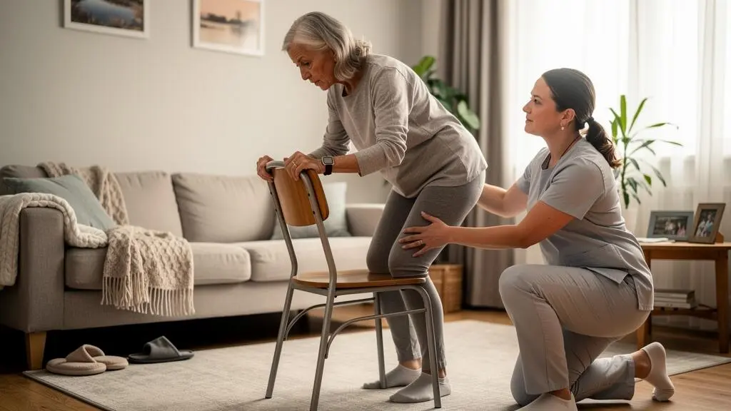 Une femme âgée effectue un exercice doux de flexion du genou en s'appuyant sur une chaise, guidée par une kinésithérapeute dans son salon.