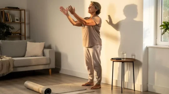 Une personne debout dans son salon au lever du jour, réalisant un exercice doux d'ouverture thoracique et d'extension du dos contre un mur.