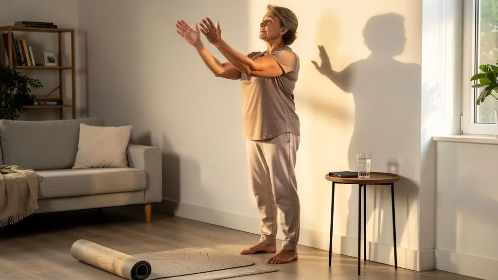 Une personne debout dans son salon au lever du jour, réalisant un exercice doux d'ouverture thoracique et d'extension du dos contre un mur.