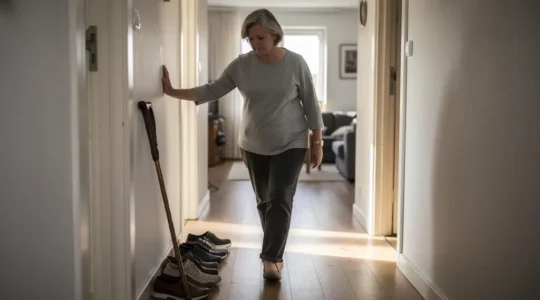 Une femme marche avec une démarche asymétrique dans le couloir de son domicile en s'appuyant légèrement contre le mur.