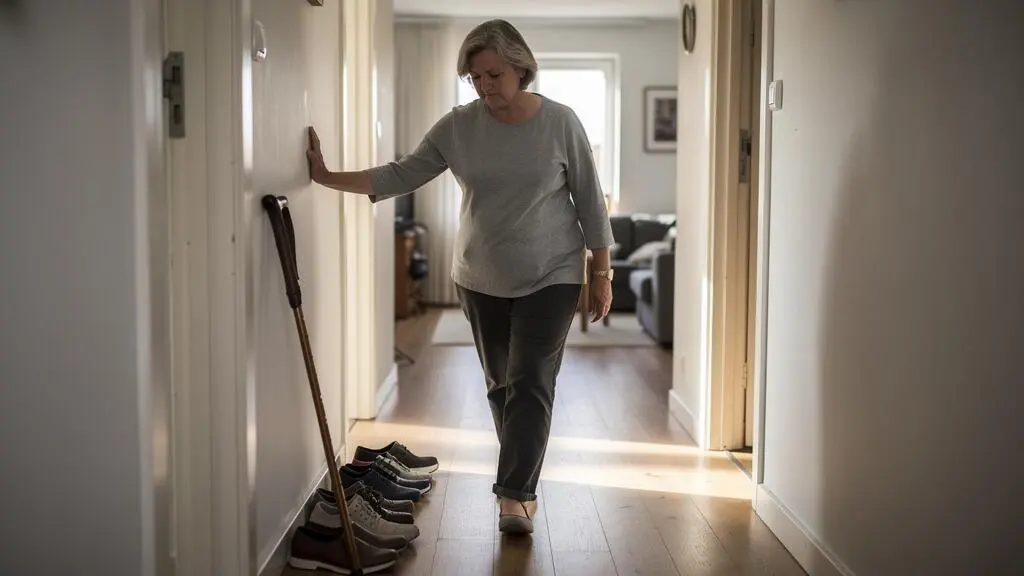 Une femme marche avec une démarche asymétrique dans le couloir de son domicile en s'appuyant légèrement contre le mur.