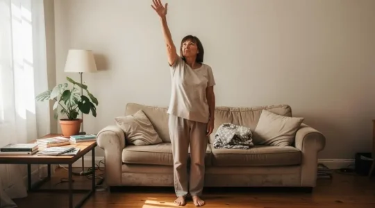 Une femme réalise un mouvement d'élévation de bras à amplitude complète dans son salon pour entretenir sa mobilité articulaire.