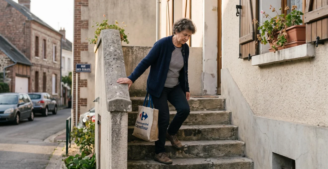 Une femme remonte un escalier extérieur avec un sac de courses, en marchant avec attention.