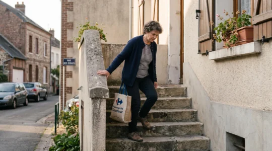 Une femme remonte un escalier extérieur avec un sac de courses, en marchant avec attention.