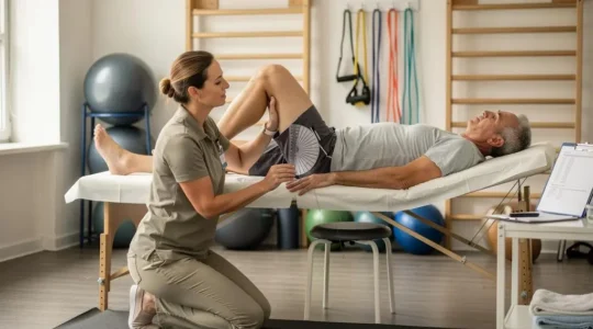 Un kinésithérapeute mesure l'amplitude articulaire de la jambe d'un patient allongé sur une table de rééducation avec un goniomètre.