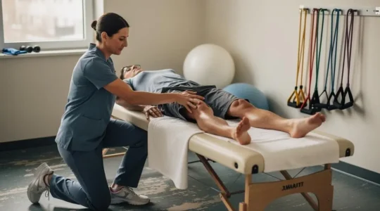 Un kinésithérapeute accompagne un patient lors d'un exercice de mobilisation douce du genou sur une table de rééducation.