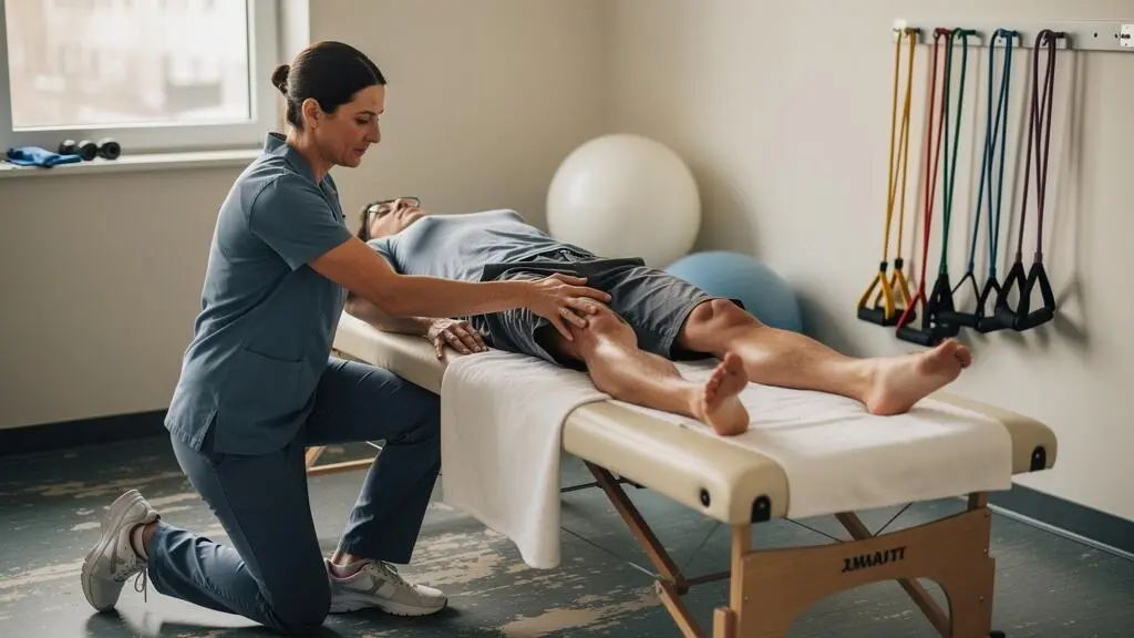Un kinésithérapeute accompagne un patient lors d'un exercice de mobilisation douce du genou sur une table de rééducation.