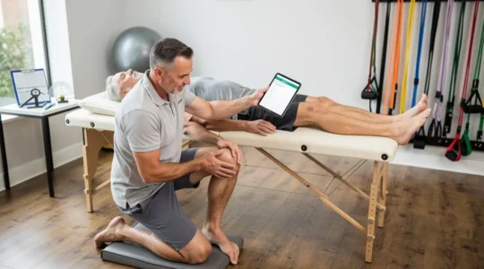 Un kinésithérapeute évalue la mobilité du genou d'un patient allongé sur une table de traitement dans un cabinet de rééducation éclairé par la lumière du jour.