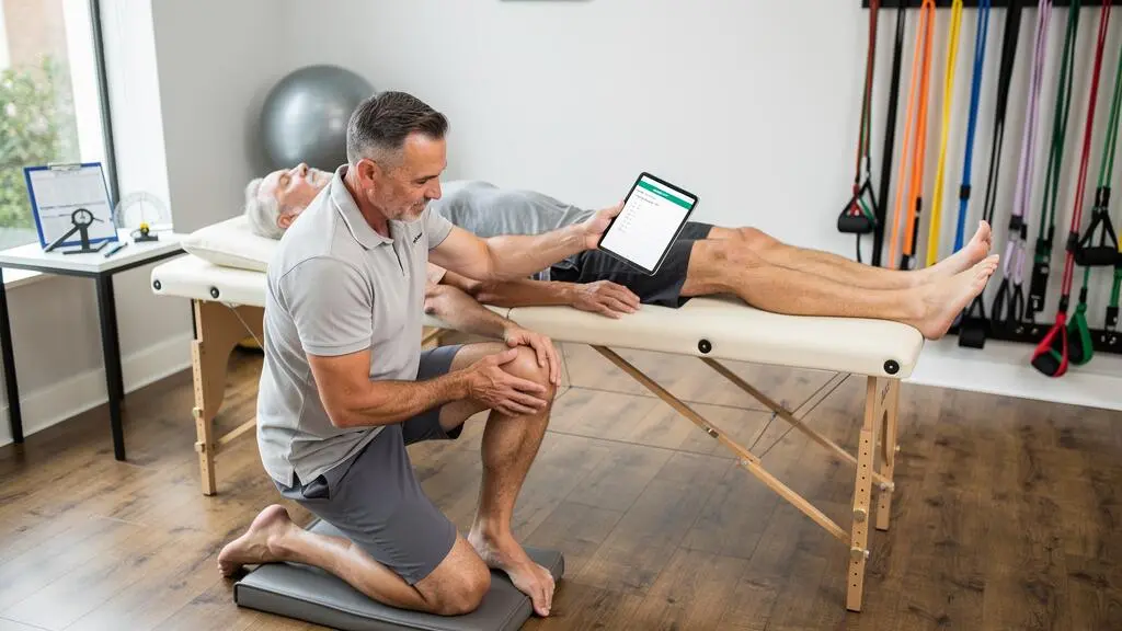 Un kinésithérapeute évalue la mobilité du genou d'un patient allongé sur une table de traitement dans un cabinet de rééducation éclairé par la lumière du jour.