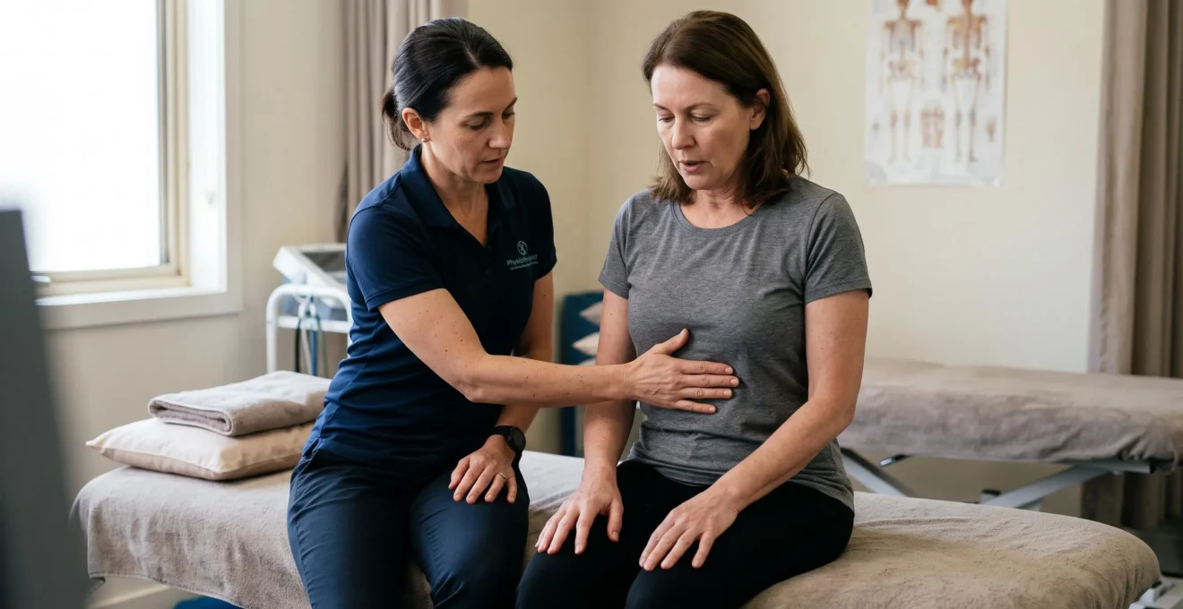 Un kinésithérapeute guide la respiration d'un patient assis en plaçant une main sur sa cage thoracique pendant une manœuvre d'expiration lente.