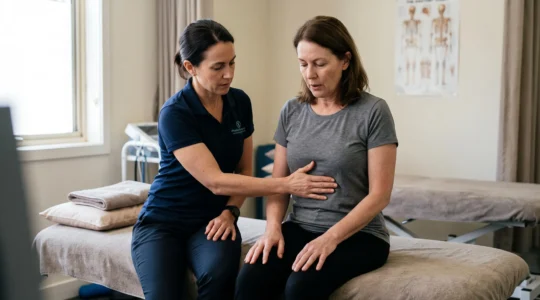 Un kinésithérapeute guide la respiration d'un patient assis en plaçant une main sur sa cage thoracique pendant une manœuvre d'expiration lente.