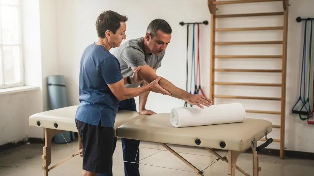 Un kinésithérapeute guide un patient dans un exercice de mobilité de l'épaule dans une salle de rééducation éclairée en daylight.