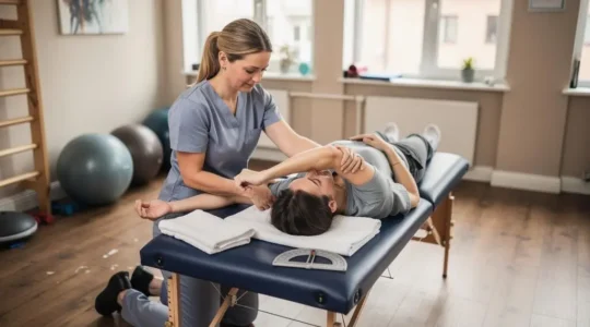 Un kinésithérapeute guide lentement le bras d'un patient allongé sur une table de rééducation pour restaurer l'amplitude de l'épaule sans forcer.