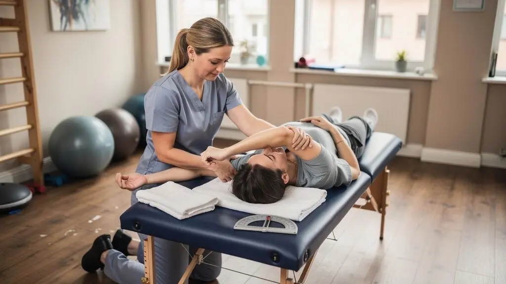 Un kinésithérapeute guide lentement le bras d'un patient allongé sur une table de rééducation pour restaurer l'amplitude de l'épaule sans forcer.