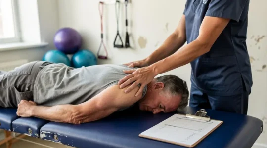 Un kinésithérapeute mobilise l'épaule d'un patient allongé sur une table de soin dans un cabinet de rééducation, une fiche d'évaluation posée à côté.