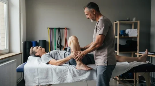 Un kinésithérapeute guide la flexion contrôlée du genou d'un patient allongé sur une table de rééducation.