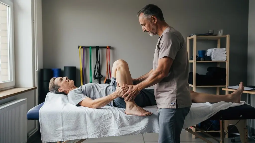 Un kinésithérapeute guide la flexion contrôlée du genou d'un patient allongé sur une table de rééducation.