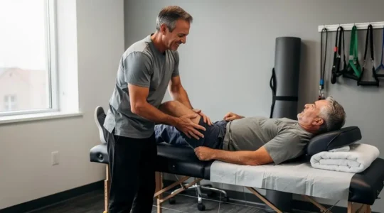 Un kinésithérapeute accompagne un patient dans un mouvement doux du genou sur une table de traitement, dans un cabinet éclairé par la lumière naturelle.