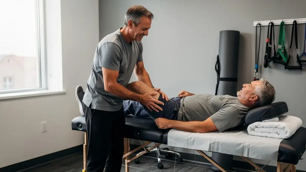 Un kinésithérapeute accompagne un patient dans un mouvement doux du genou sur une table de traitement, dans un cabinet éclairé par la lumière naturelle.