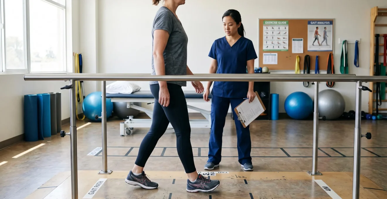 Un kinésithérapeute observe la marche d'un patient entre des barres parallèles dans une salle de rééducation éclairée par la lumière du jour.