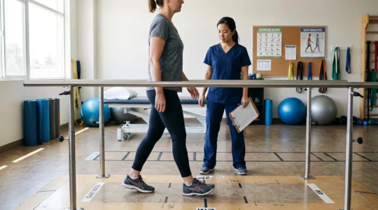 Un kinésithérapeute observe la marche d'un patient entre des barres parallèles dans une salle de rééducation éclairée par la lumière du jour.