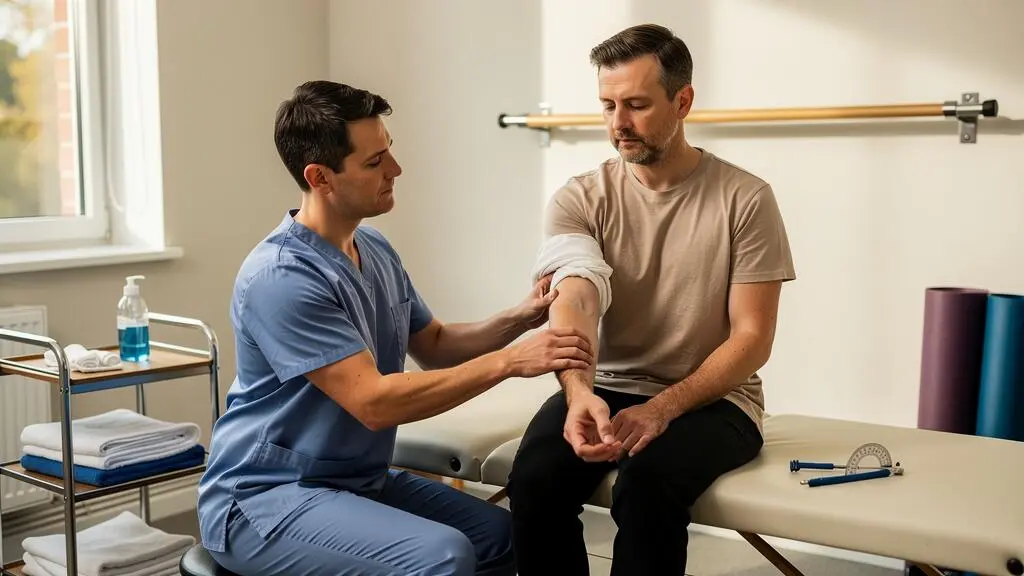 Un kinésithérapeute guide la flexion du poignet d'un patient assis sur une table de rééducation dans un cabinet de kinésithérapie lumineux.