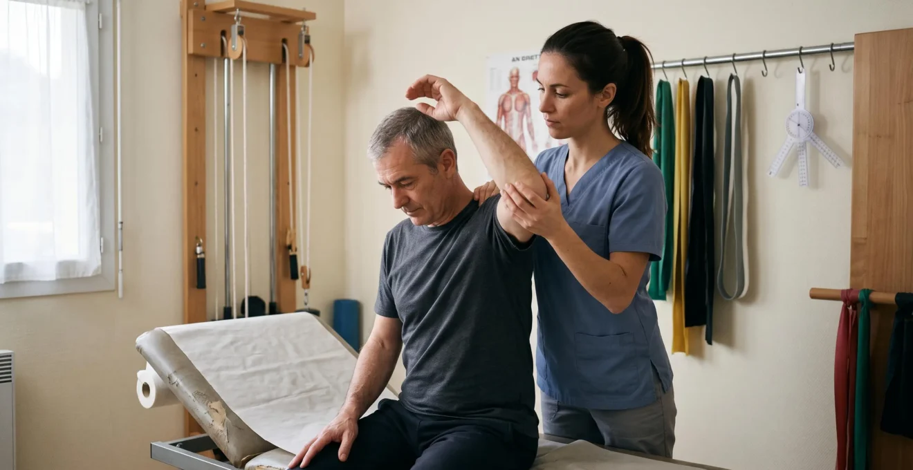 Un kinésithérapeute guide un patient dans un exercice de mobilité de l'épaule dans une salle de traitement en cabinet libéral.