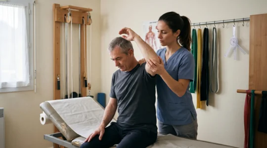 Un kinésithérapeute guide un patient dans un exercice de mobilité de l'épaule dans une salle de traitement en cabinet libéral.
