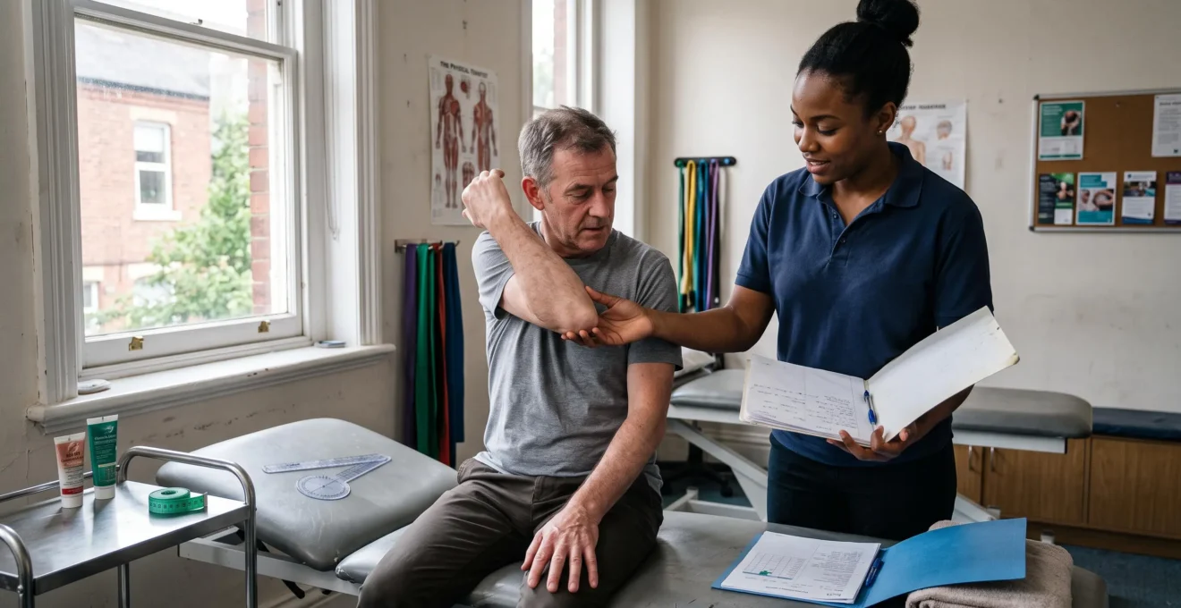Un kinésithérapeute guide un patient assis dans un test de mobilité de l'épaule pendant une évaluation clinique en cabinet, un dossier d'évaluation à la main.