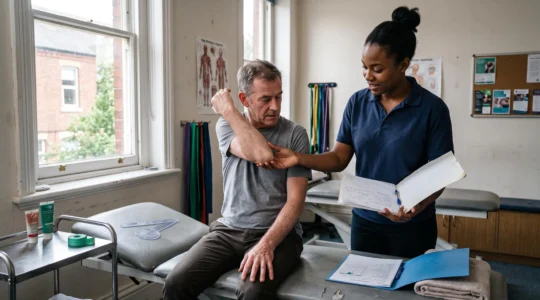 Un kinésithérapeute guide un patient assis dans un test de mobilité de l'épaule pendant une évaluation clinique en cabinet, un dossier d'évaluation à la main.