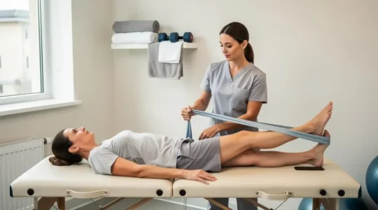 Un kinésithérapeute guide un patient allongé sur une table de rééducation lors d'un exercice avec un élastique de résistance légère.