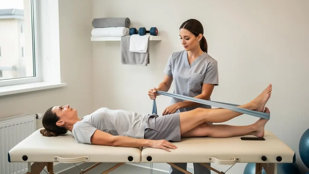 Un kinésithérapeute guide un patient allongé sur une table de rééducation lors d'un exercice avec un élastique de résistance légère.