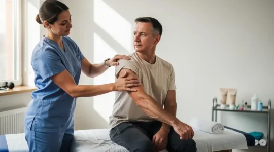 Un kinésithérapeute mobilise doucement l'épaule d'un patient assis sur une table de soin dans un cabinet lumineux.