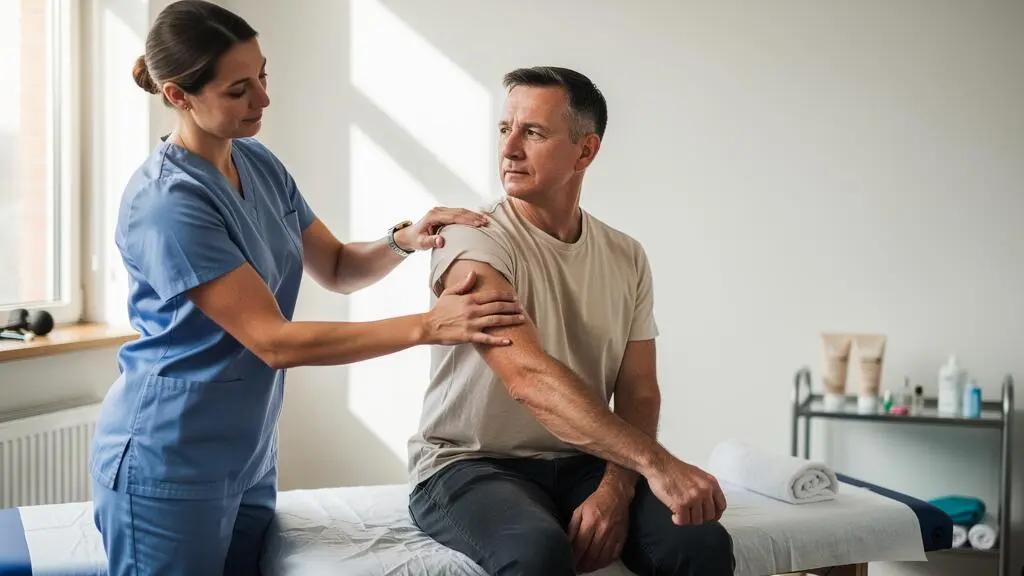 Un kinésithérapeute mobilise doucement l'épaule d'un patient assis sur une table de soin dans un cabinet lumineux.