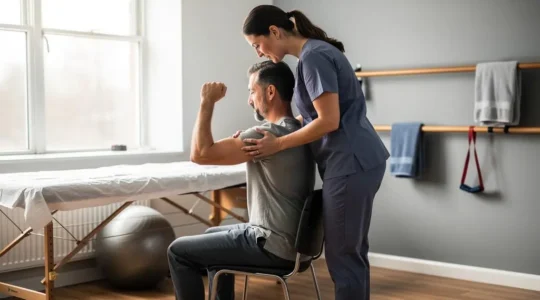 Un kinésithérapeute guide un patient qui réalise lui-même un mouvement actif du bras dans une salle de rééducation.