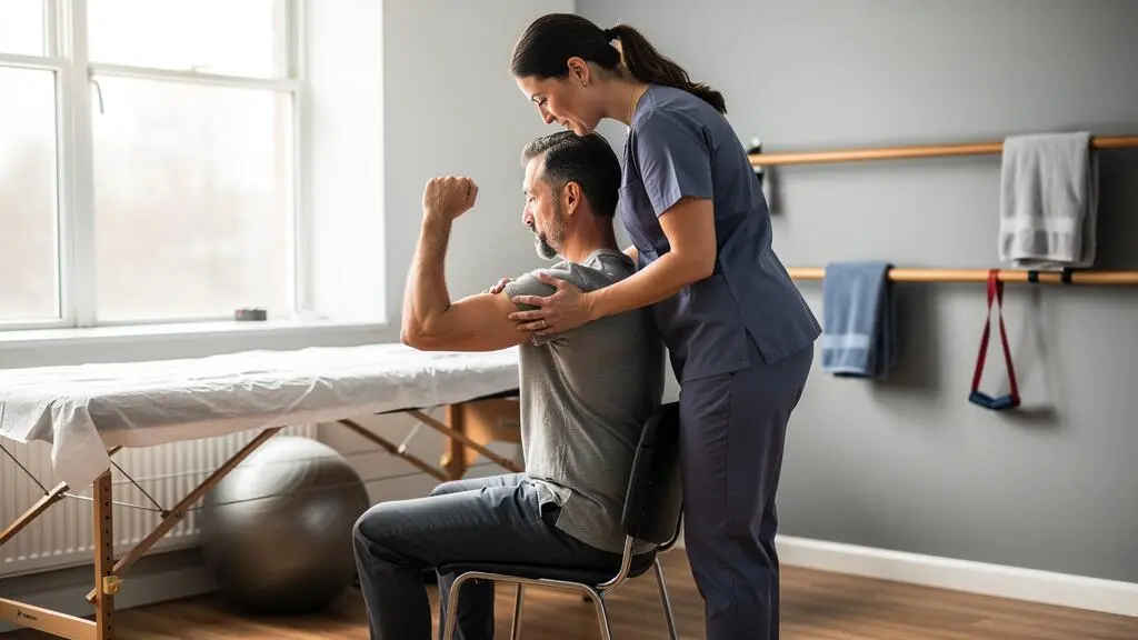 Un kinésithérapeute guide un patient qui réalise lui-même un mouvement actif du bras dans une salle de rééducation.