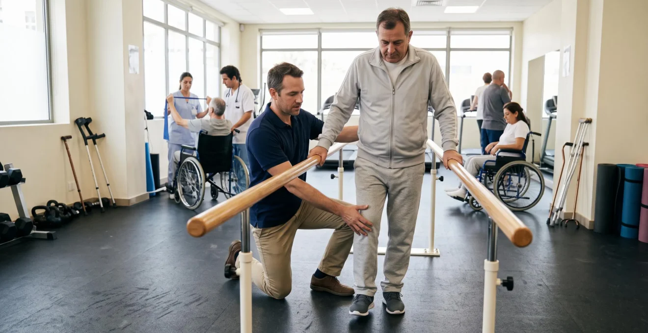 Un kinésithérapeute accompagne un patient qui marche entre des barres parallèles dans la salle de rééducation d'un centre de soins.
