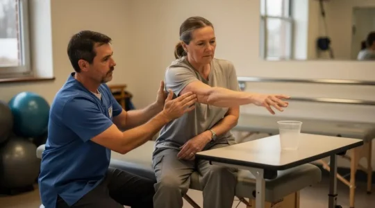 Un kinésithérapeute guide la main d'un patient qui réapprend à saisir un verre lors d'une séance de rééducation neurologique.