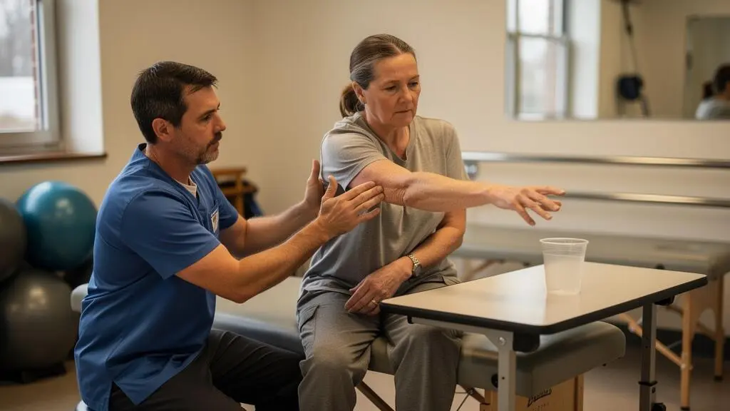 Un kinésithérapeute guide la main d'un patient qui réapprend à saisir un verre lors d'une séance de rééducation neurologique.