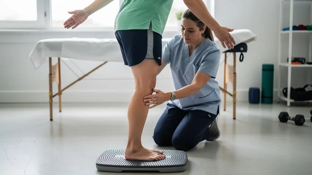 Un patient fait un exercice d'équilibre sur une jambe sur un coussin proprioceptif sous la supervision d'un kinésithérapeute dans un cabinet de rééducation.