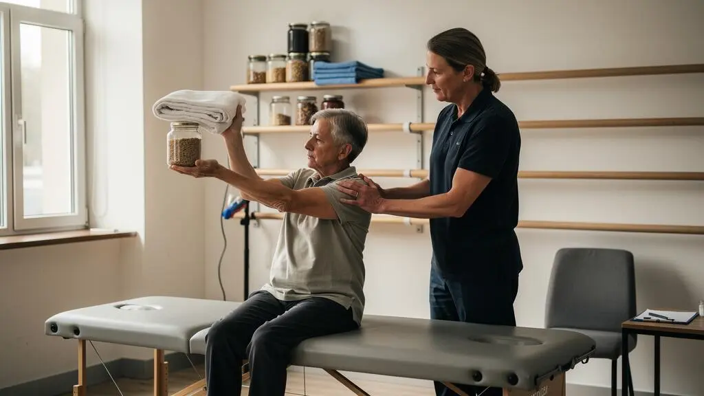 Un patient soulève un objet du quotidien sous l'observation d'un kinésithérapeute dans une salle de rééducation.