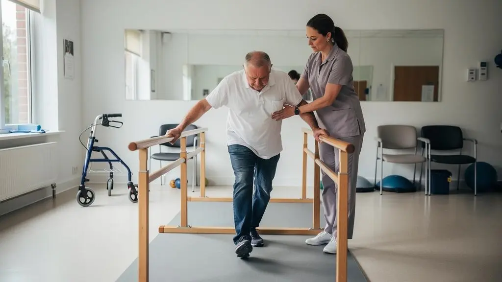 Un kinésithérapeute guide un patient hémiplégique qui reprend la marche entre deux barres parallèles dans un salle de rééducation.