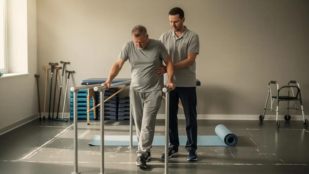Un kinésithérapeute guide un patient qui réapprend à marcher entre des barres parallèles dans une salle de rééducation neurologique.