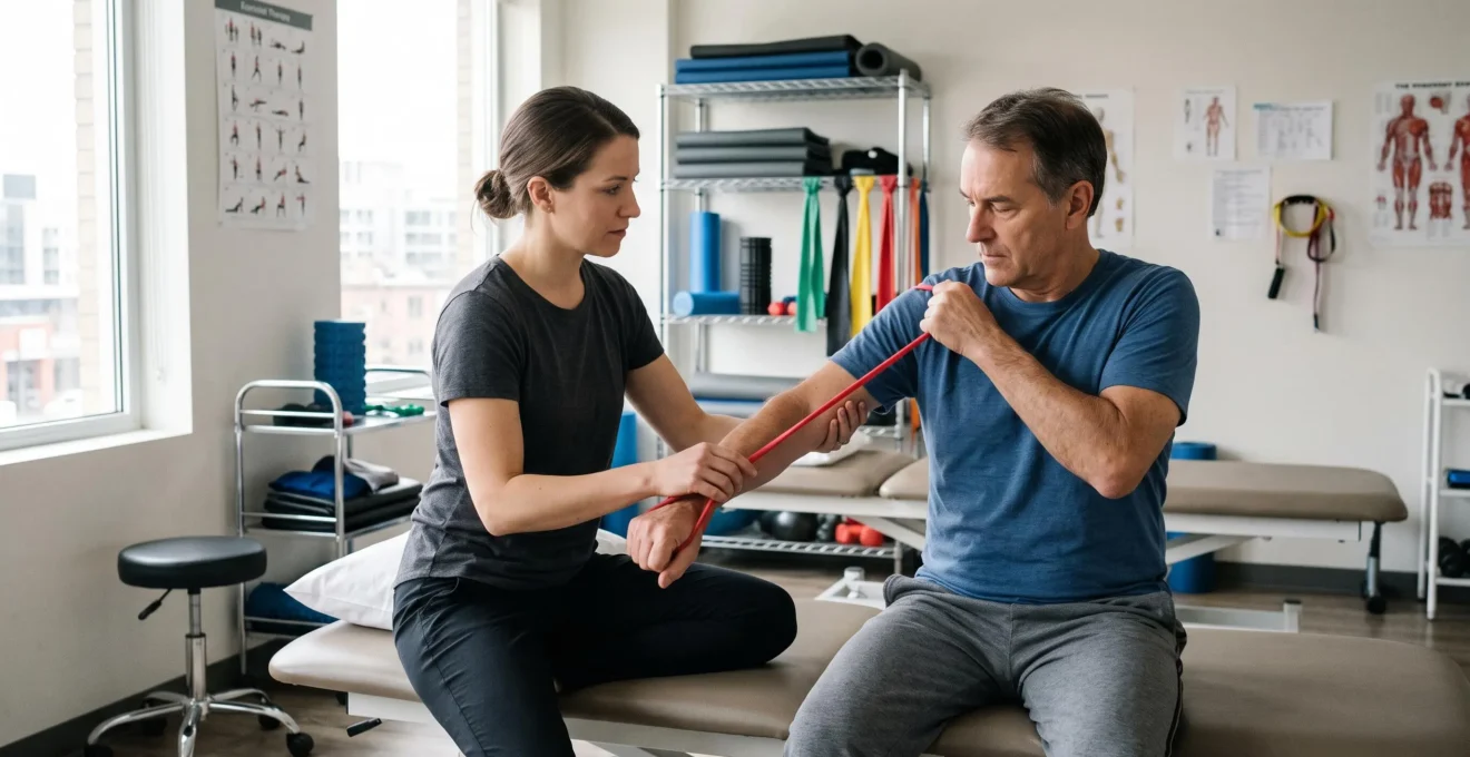 Un patient assis sur une table de rééducation tire sur un élastique léger pendant qu'un kinésithérapeute ajuste la tension de l'élastique dans une salle de rééducation lumineuse.